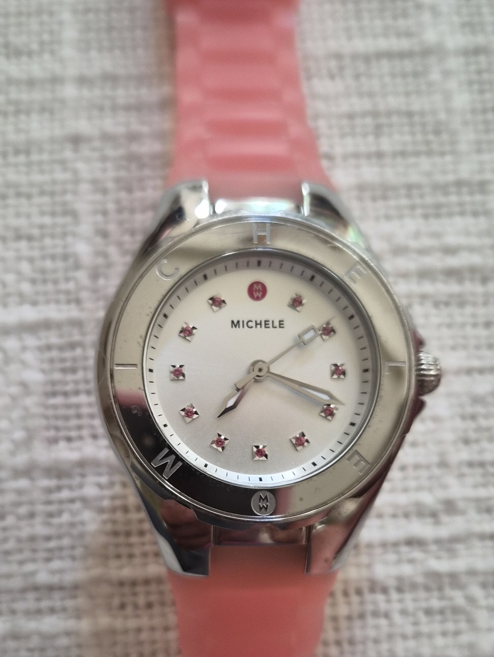 Michele Silver-Tone Case Watch with Pink Accents
